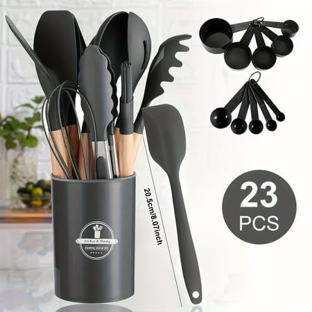 

Upgrade Your Kitchen with 23pcs (12pcs kitchen utensils + 5pcs small colanders + 5pcs large colanders + 1pc small scraper) Silicone Cooking Tools Set in a Colorful Storage Container with Wooden Handle