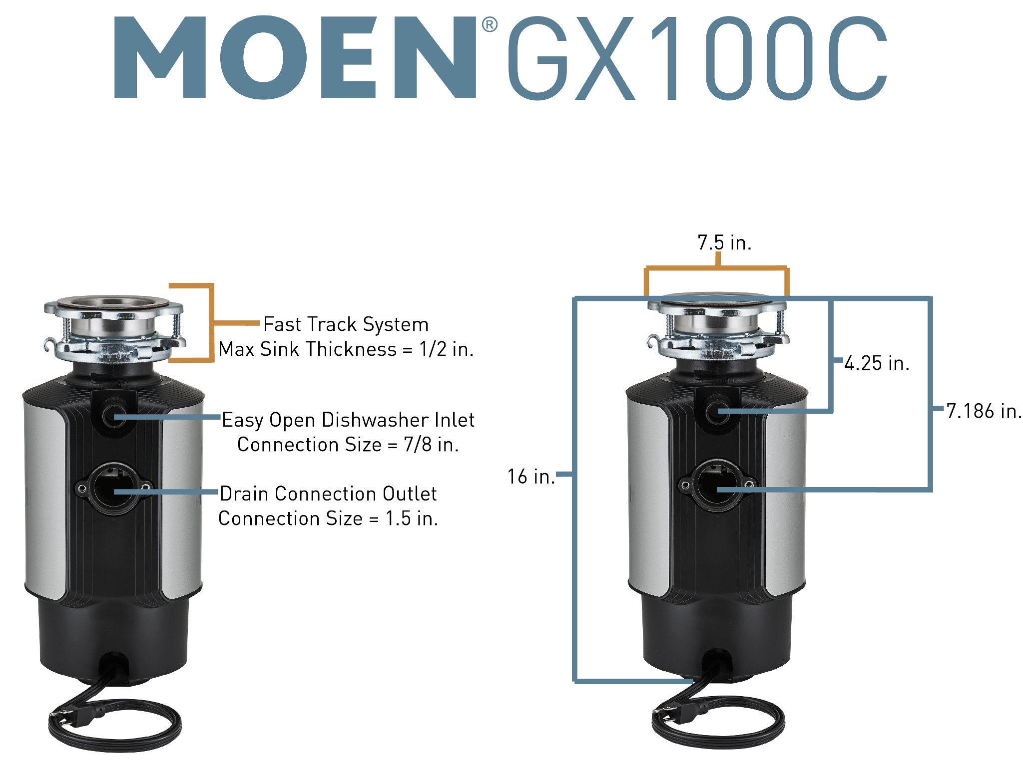 豪華な Moen EXL100C EX Chef Series HP Continuous Feed Lighted Garbage  Disposal with Sound Reduction, Power Cord Included, or Unfinished 