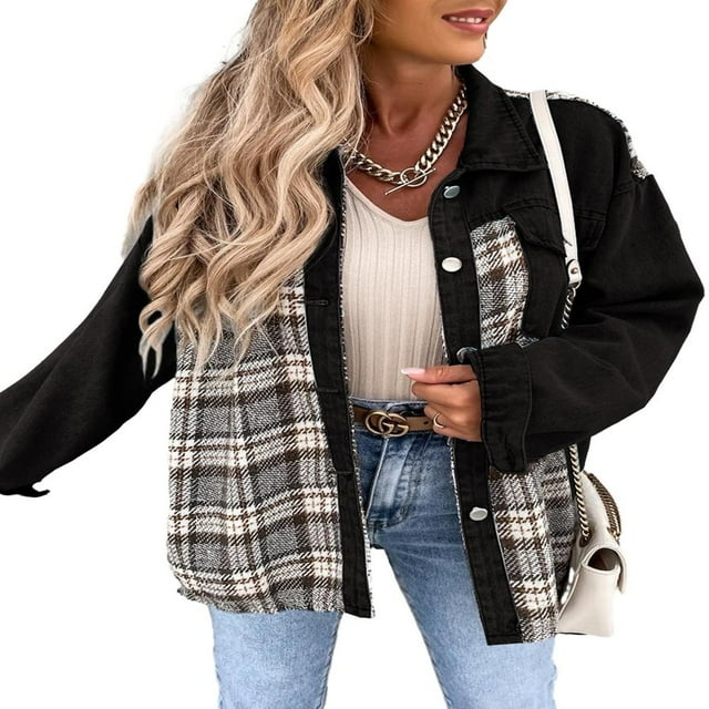 SHEWIN Women‘s Denim Jacket Plaid Patchwork Shacket Long Sleeve Button Down Oversized Jean Jacket Coat Green