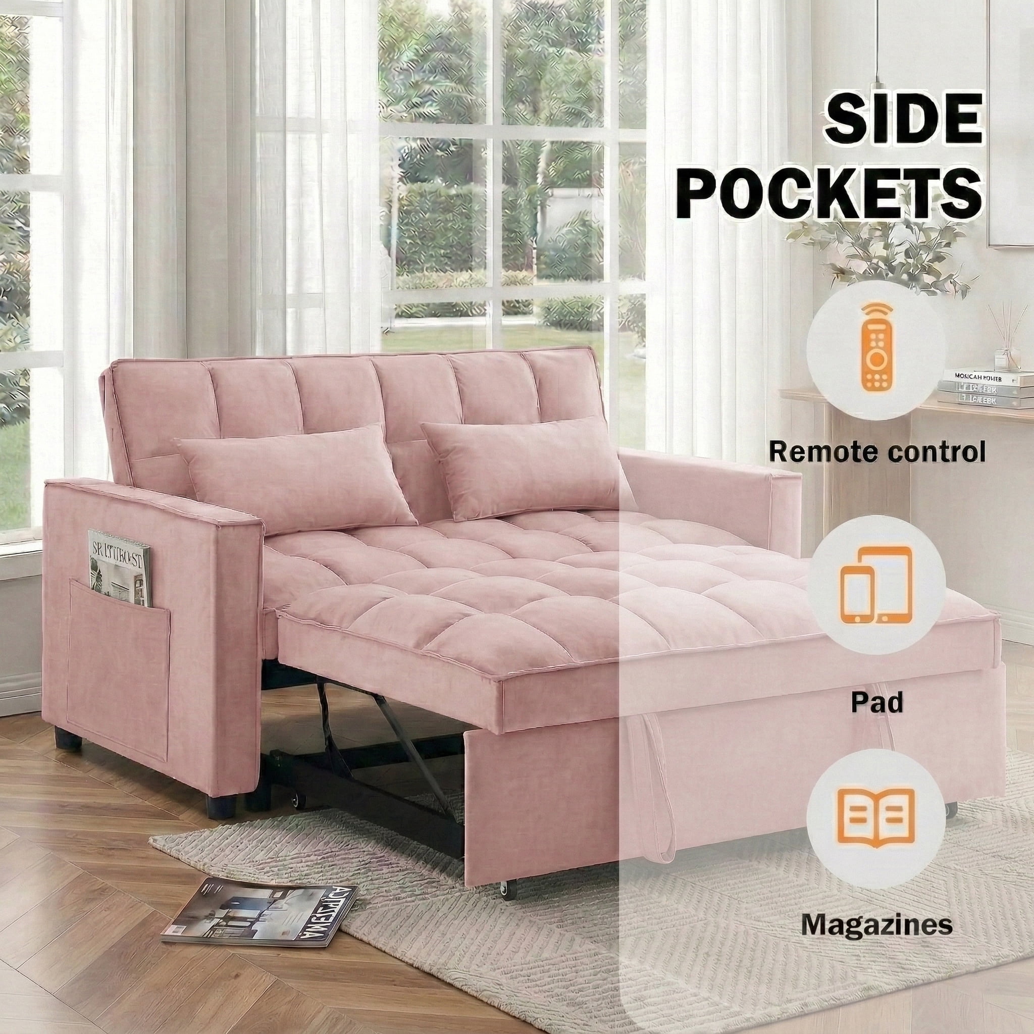 Avobird 3-in-1 Velvet Convertible Sleeper Sofa, Pull Out Couch Bed with Adjustable Backrest & Storage, Pink