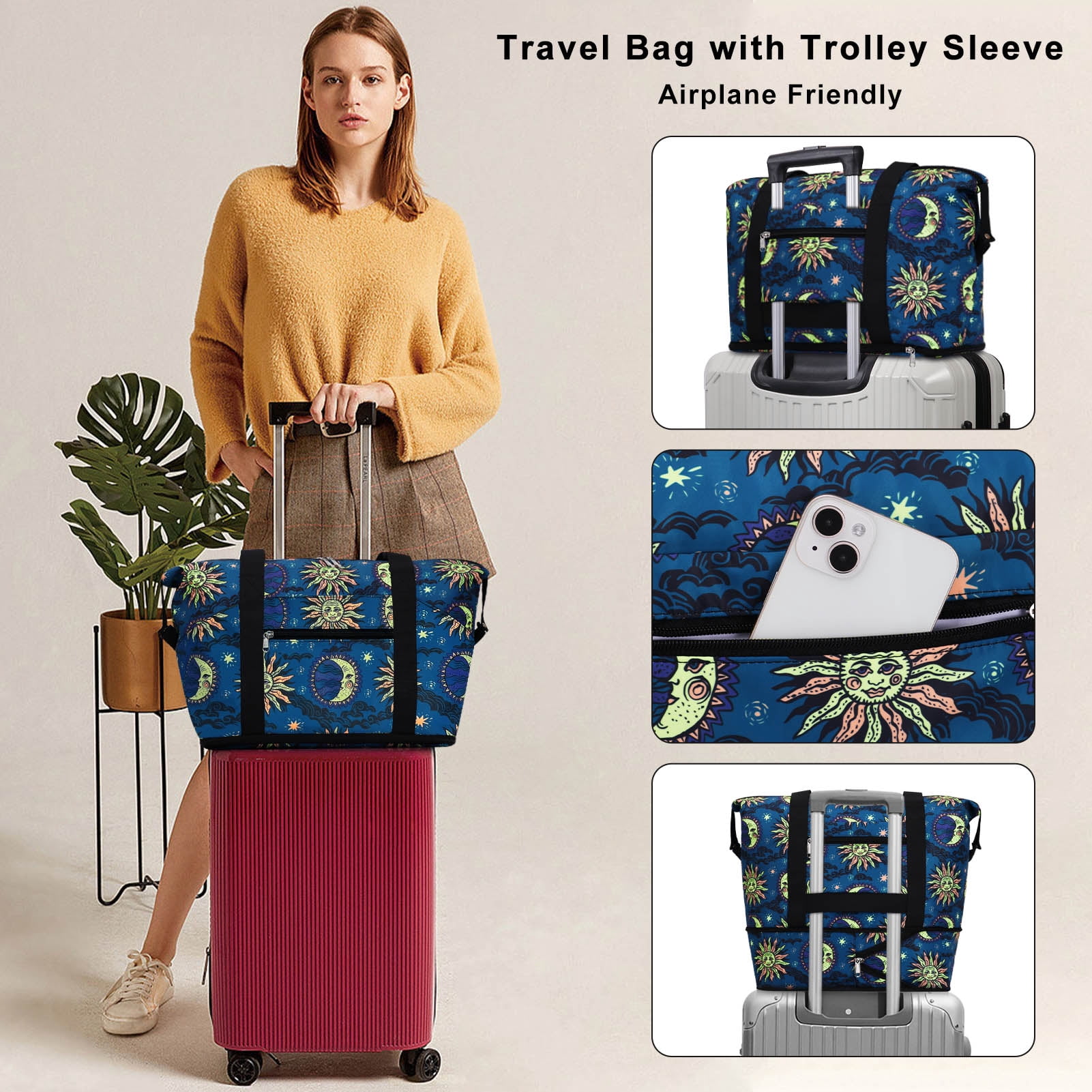 HAWEE Expandable Duffel Bag for Women with Trolley Sleeve and Wet Pocket Water Repellent Weekender Travel Tote Large Capacity Carry On Overnight Luggage for Gym/ Trip/ Camping/ Beach, Sun and Moon