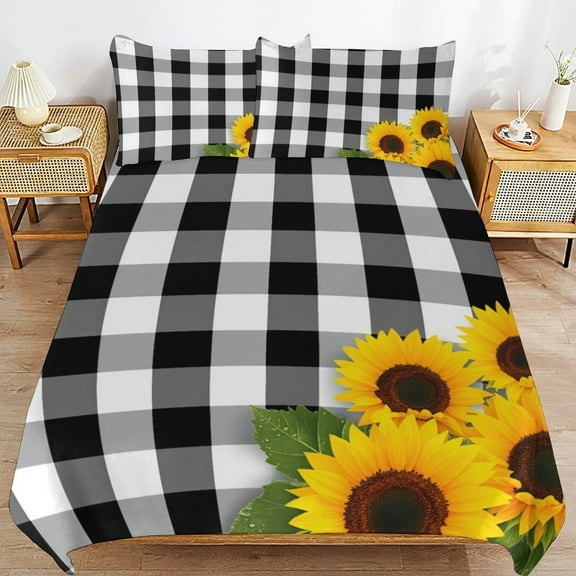 Black White Check Sunflowers Duvet Cover 3pcs Set Themed Multicolor Polyester Bedding Set for Bedroom Decoration Full