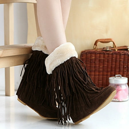 

Zedker Womens Fashion Boots Women Boots Winter Womens Retro Wedges Solid Warm Tassels Boots Women Round Head Boots Shoes