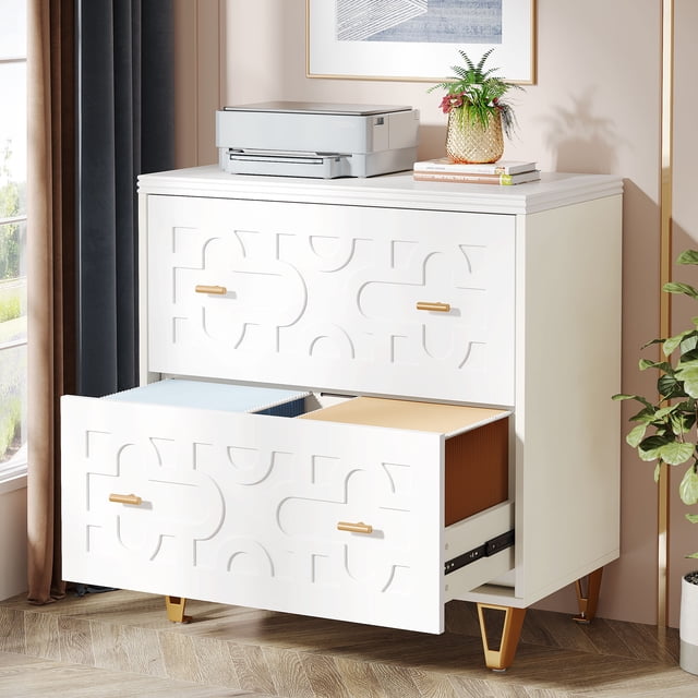 Tribesigns 2-Drawer File Cabinet, Modern White Lateral Filing Cabinet for Home Office, Large Storage Filing Cabinet Printer Stand for Legal/Letter/A4 Size, White & Gold