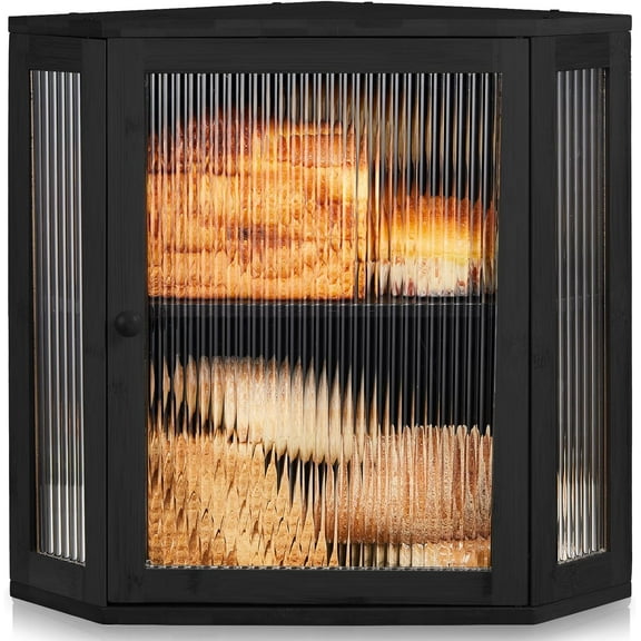 Double Layer Corner Bread Box for Kitchen Counter with Height-adjustable Partition, Large Black Bamboo Wooden Bread Box for Multiple Loaves, Modern Breadbox for Kitchen Countertop