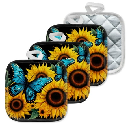 

4 Pack Pot Holders Kitchen Essential Potholder Set Blue Butterflies And Yellow Sunflowers On A Black Background