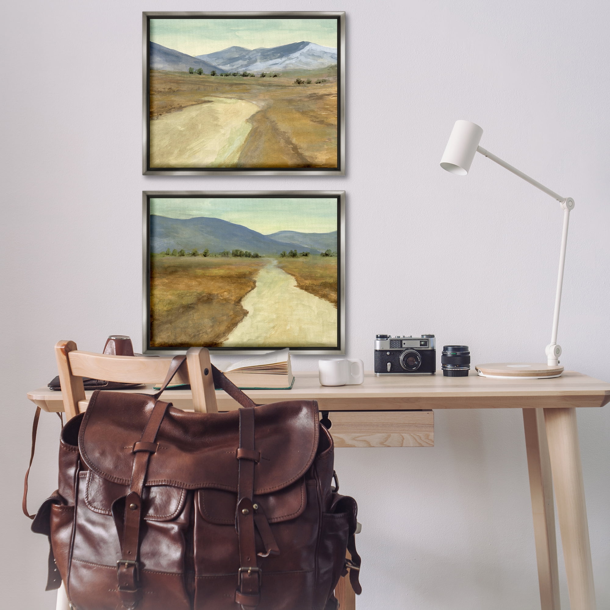 Stupell Industries Barren Desert Path Landscape & Nature Painting Gray Floater Framed Canvas Art Print Wall Art, 31 x 25, Set of 2