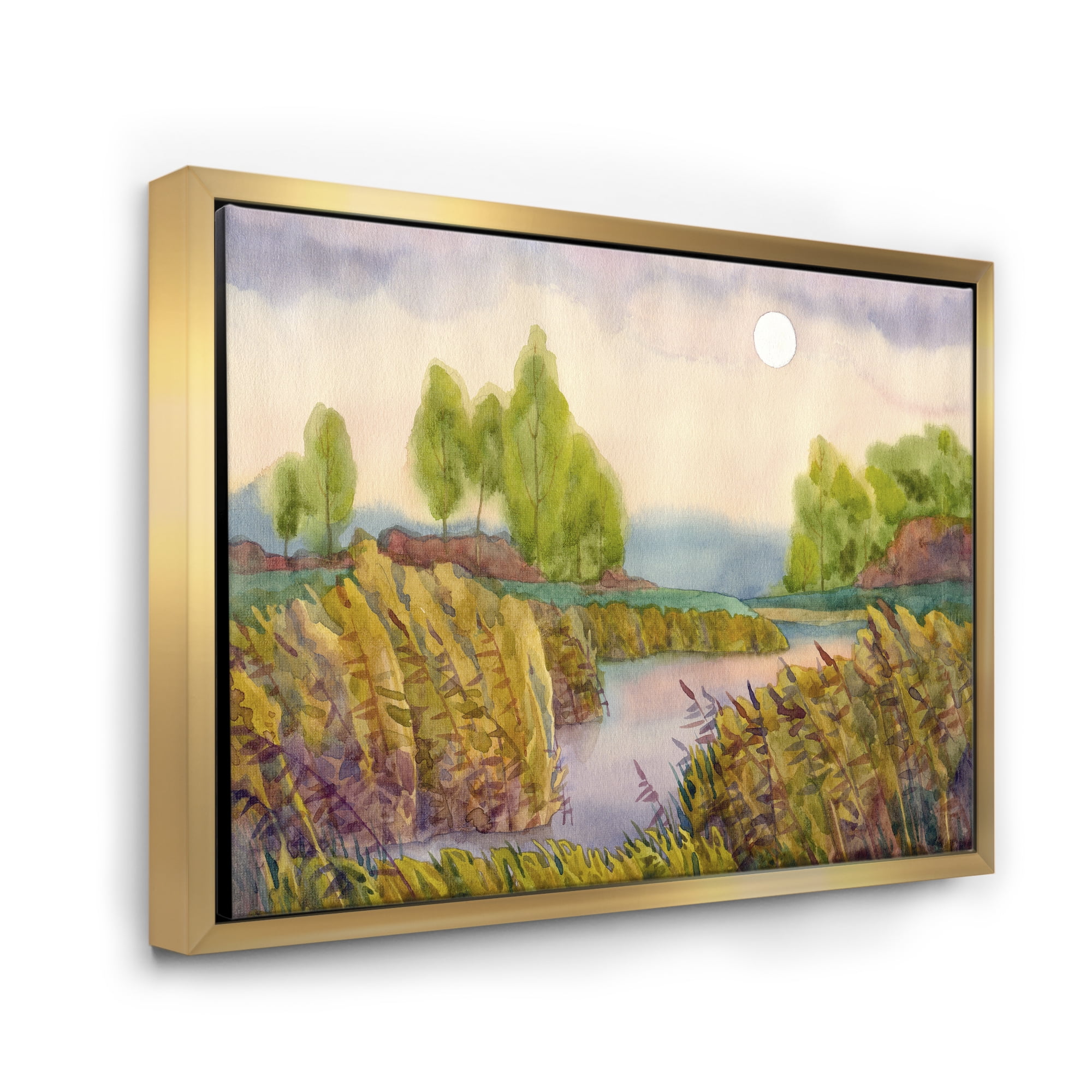 Designart 'Lake In The Reeds With Full Moon' Nautical & Coastal Framed Canvas Wall Art Print