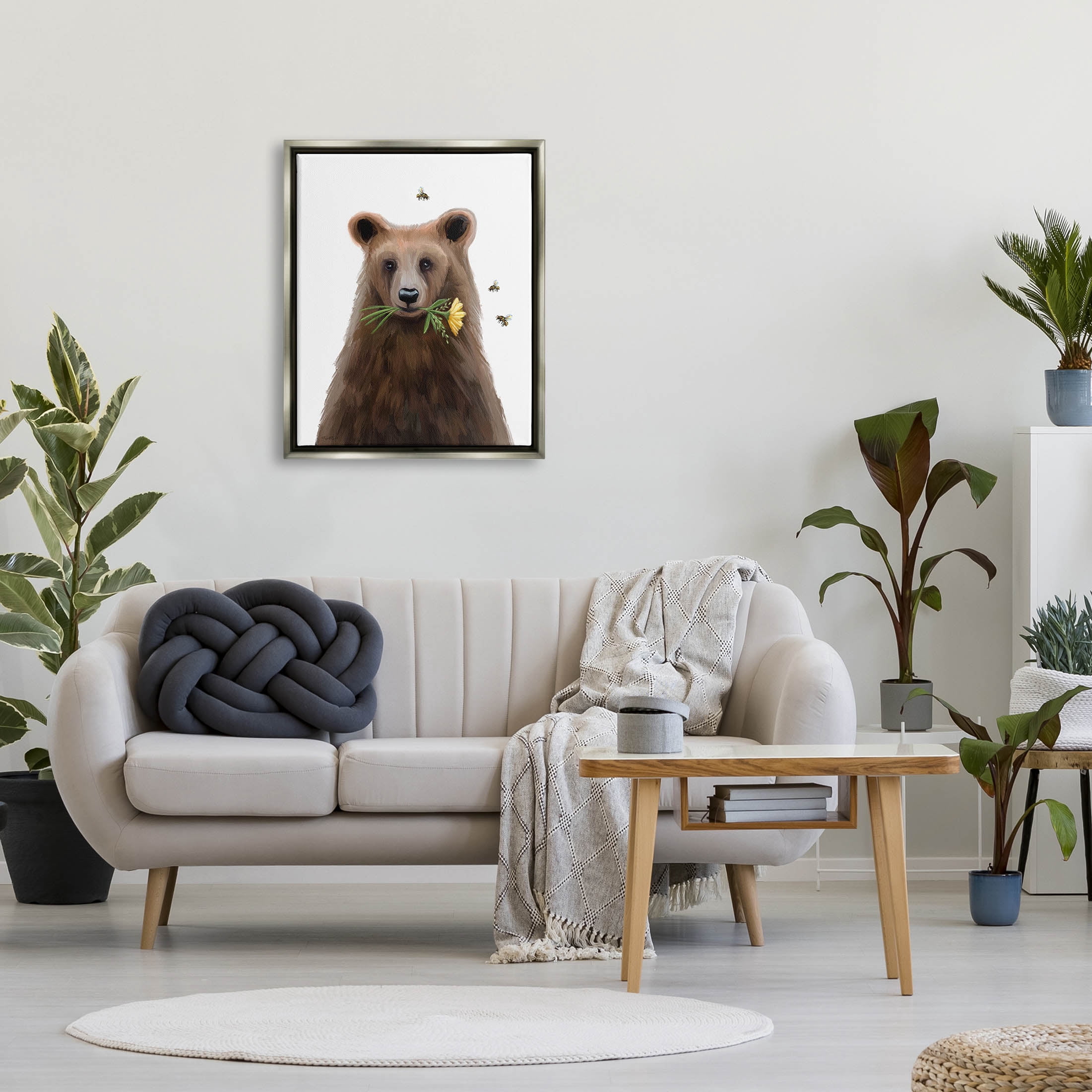 Stupell Industries Woodland Bear Flower Sprig Graphic Art Luster Gray Floating Framed Canvas Print Wall Art, Design by Elizabeth Tyndall