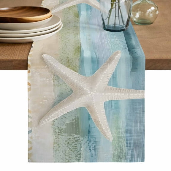 Coastal Beach Table Runner, Summer Retro Starfish Wave Washable Cotton Linen Table Runners 36 Inches Long, Dresser Scarf Runner for Nightstand/End Tables/Round Tables 13''x36''