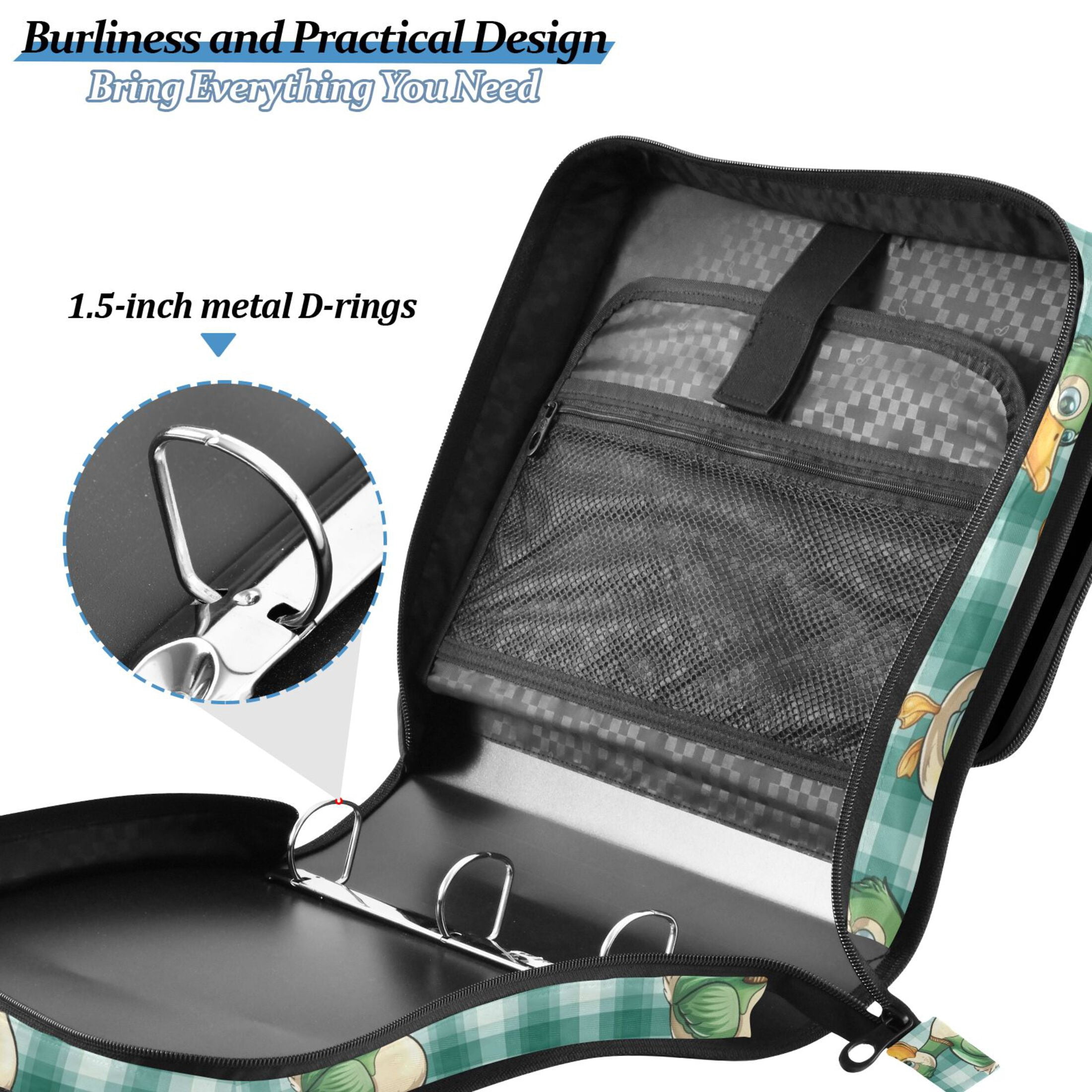 3 Ring Zipper Binder with Shoulder Strap Waterproof Trapper Keeper 2 Inch D-Ring 500 Sheets Capacity Cute Ducks on Plaid