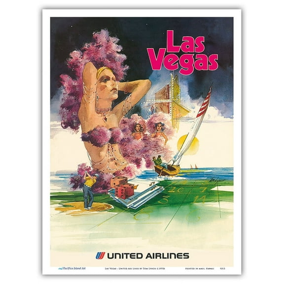 Las Vegas - Show Girls - United Airlines - Vintage Airline Travel Poster by Tom Lynch c.1970s - Master Art Print (Unframed) 9in x 12in
