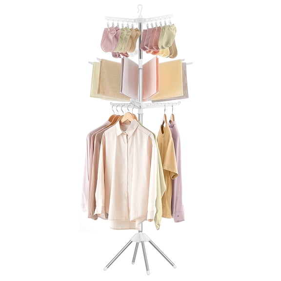 SONGMICS 3-Tier Clothes Drying Rack, 82.7-Inch, with 11 Rotatable Arms for Hangers, 24 Clips, for 27 Pieces of Clothes, White and Silver