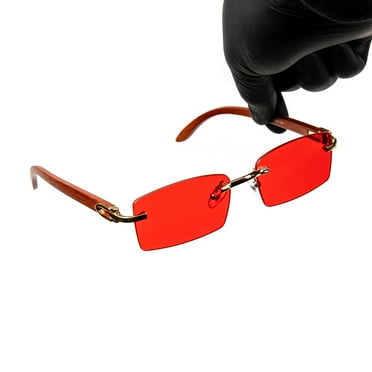 Rimless Gold Frame Vintage Designer Buffs Woodgrain Arm Red Lens Sun Glasses Unisex Hip Hop Rectangle Sunglasses For Men Women Square Retro 90s Frameless Shades