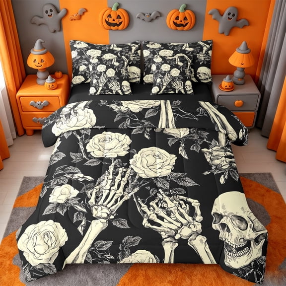 Homewish Dark Halloween Skeleton 7-Piece Twin Bedding,Vintage Rose Pattern Bedding Comforter Set,Black Cream,Black Reversible