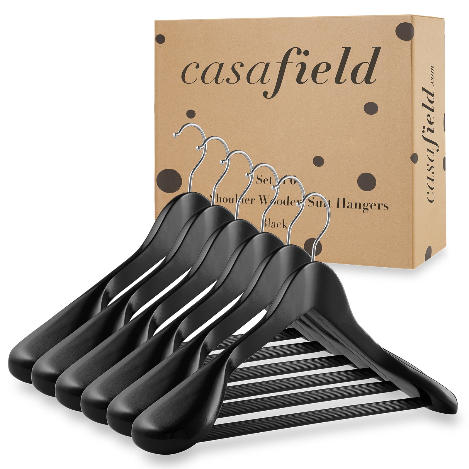 Casafield 6 Wide Shoulder Wooden Suit Hangers, Black - Non-Slip Pant Bar & Swivel Hook