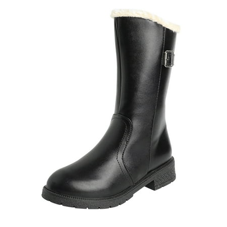

Ladies Fashion Solid Color Leather Plush Cotton Boots Side Zipper Thick Heel Medium Boots Snow Boots Women 10