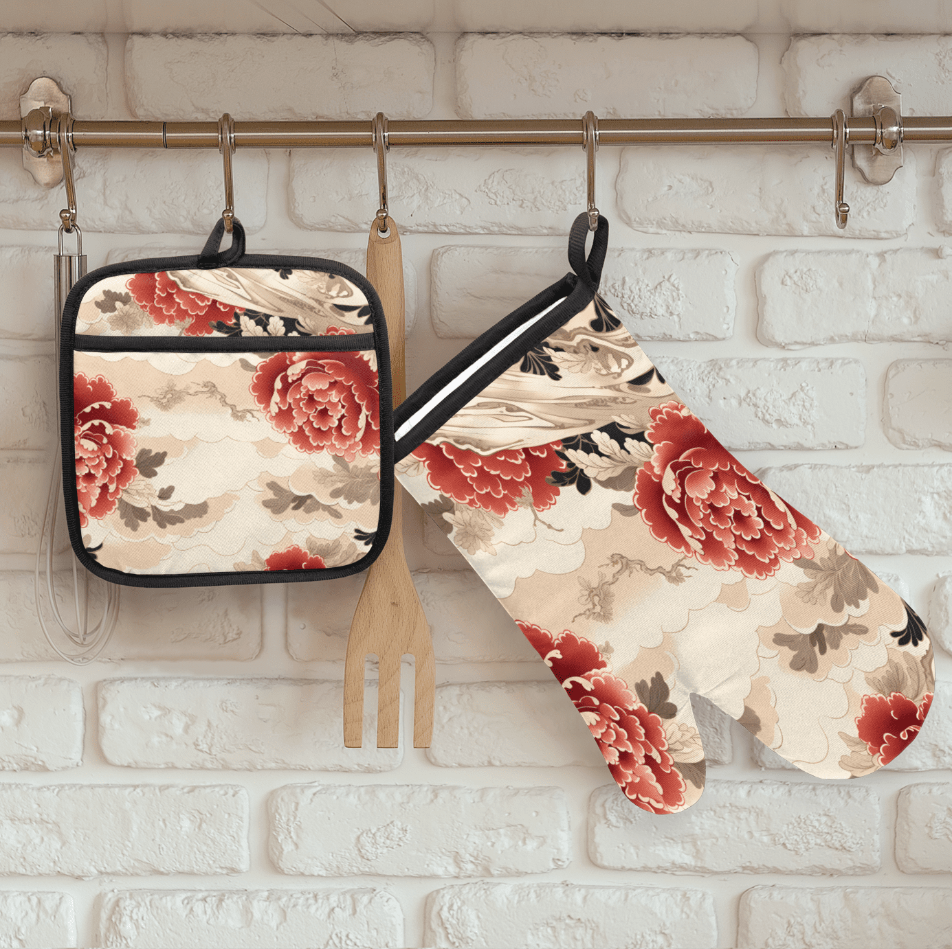CURLYOOT Vintage Flower Japanese Oven Mitts and Pot Holders Sets of 2, Non-Slip Washable Hot Pads and Oven Gloves for Kitchen Cooking Baking