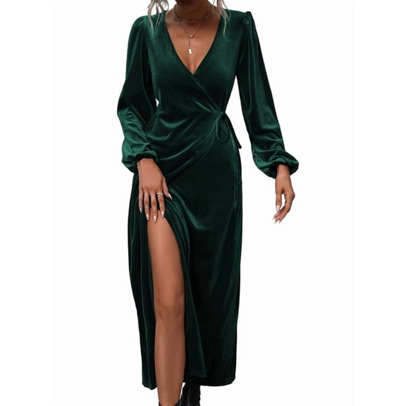 Women'S Long Sleeve Velvet Dress V Neck Holiday Cocktail Party Semi Formal Midi Dresses Dark Green S
