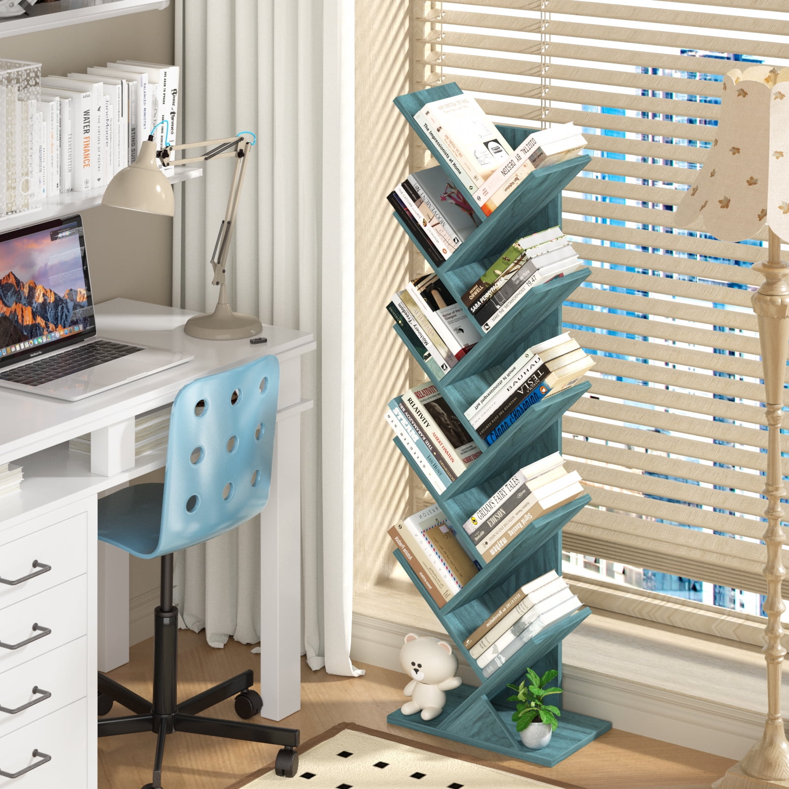 Tree Bookshelf 10-Tier Floor Standing Tree Bookcase, Wood Bookcase, Desk Display Bookshelves for Office, Study, Blue
