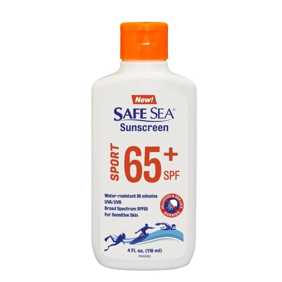 Safe Sea SPF 65 Sport Sunscreen Lotion | Anti-Jellyfish & Sea Lice Protection | Super Water & Sweat Resistant, Biodegradable | 4oz