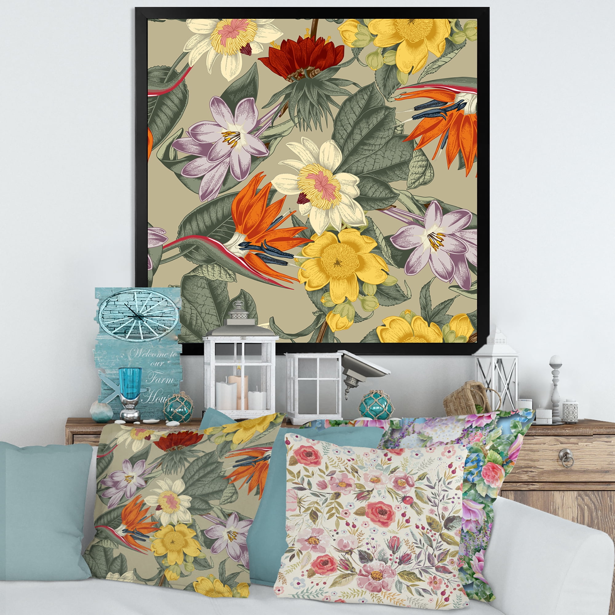Designart 'Ancient Exotic Flowers In Orange and Yellow' Traditional Framed Art Print