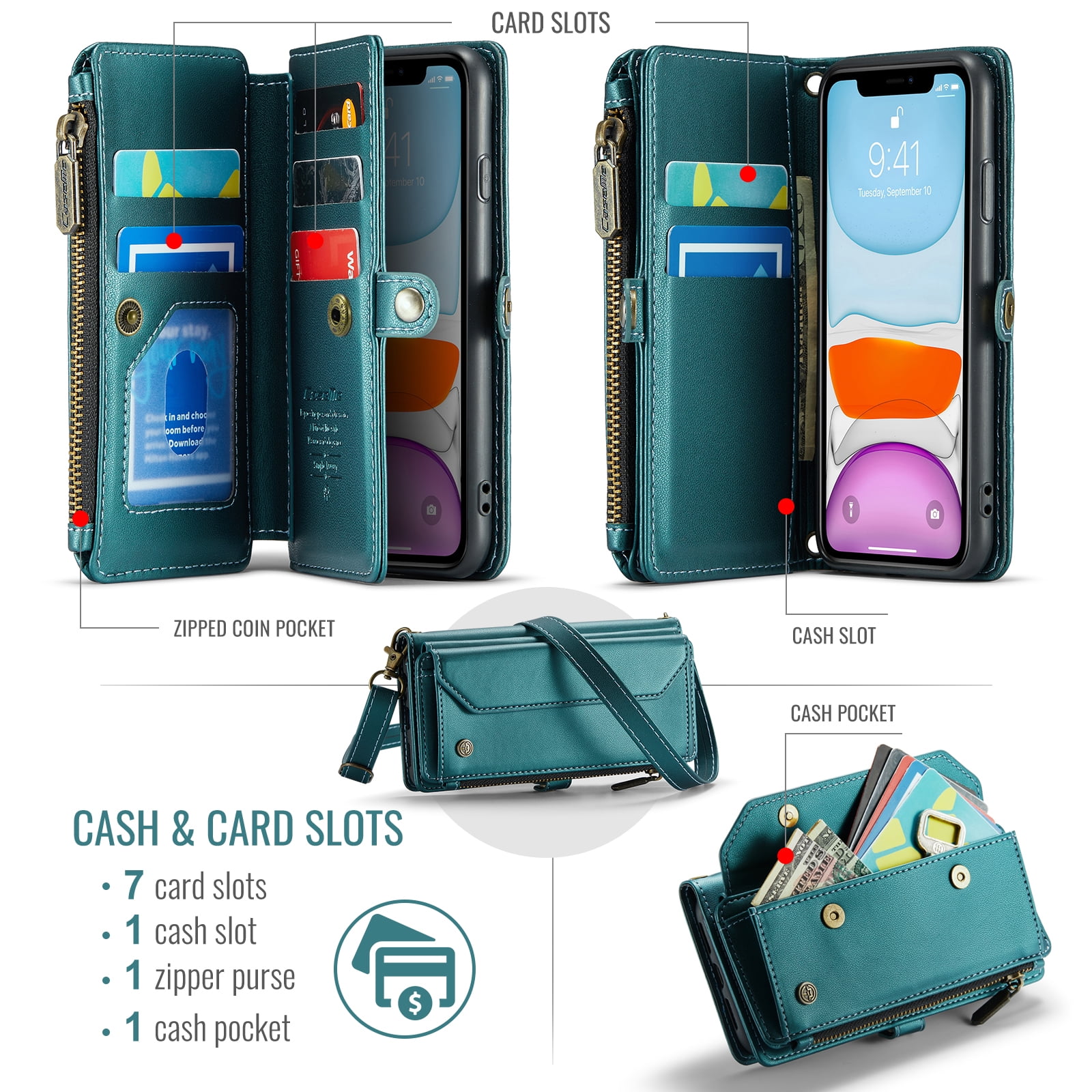 for iPhone 11 Full Body Protection Wallet Folio Flip Case, Shoulder Strap & Wristlet Card Slots Zipper Pocket RFID Blocking Rugged Durable PU Leather Phone Case Cover, Green