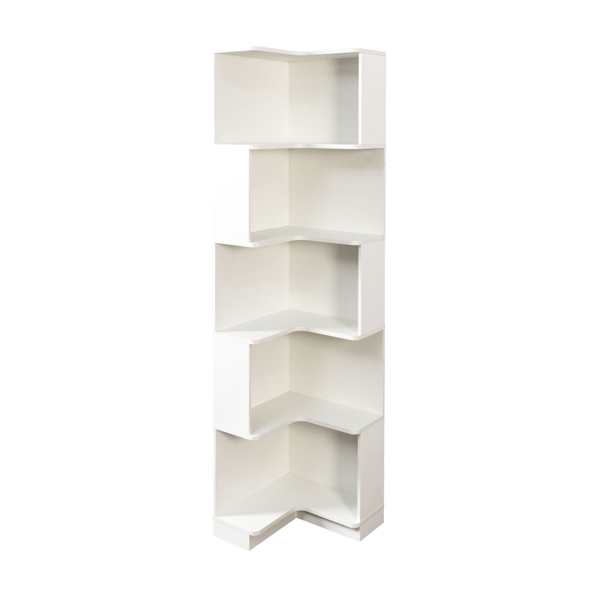 Leumius 5 Tier L Shaped Display Shelf Stand with Baffle, Freestanding Corner Bookshelf Bookcase with LED Lights for Home Office Living Room Bedroom Kitchen White