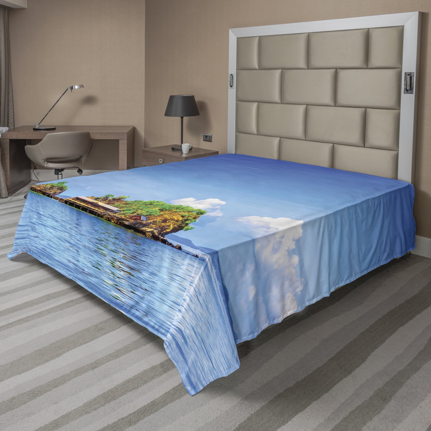 Island Flat Sheet, Photo of Tropic Islands in the Pacific Sea Vivid Sky