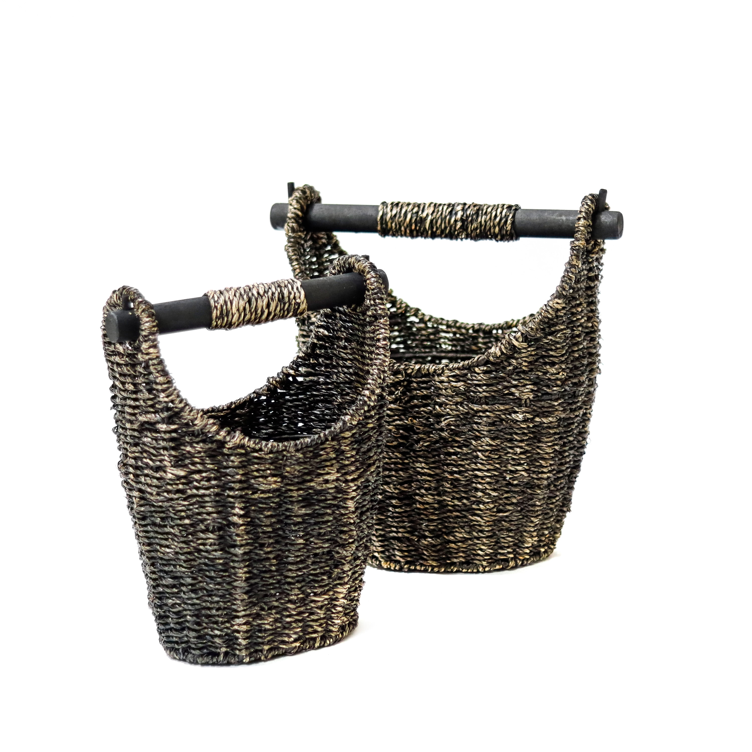 12.2 in & 9.4 in Tall Seagrass Carry Baskets with Wooden Handle (Set of 2, Brown)