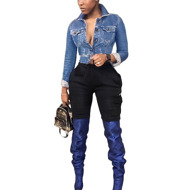 SAYOO Chaqueta de vaquero de una sola fila para mujeres SAYOO moda