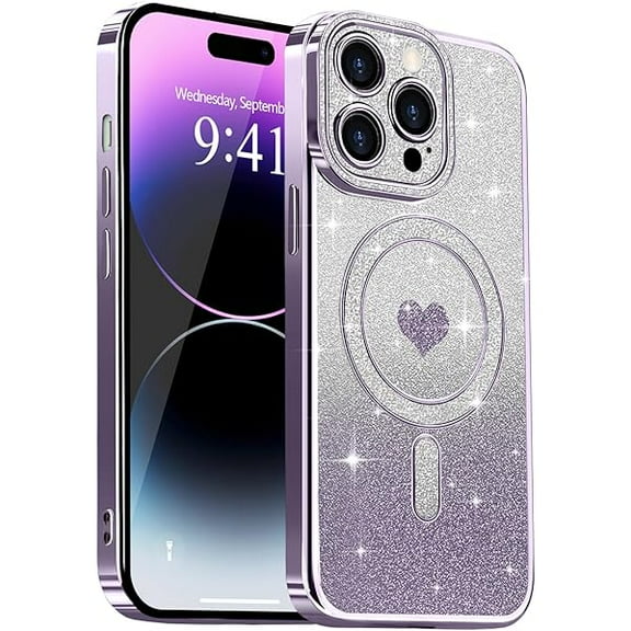 Magnetic for iPhone 14 Pro Case Glitter, Cute Love Heart Plating Luxury Sparkle Bling Clear Cover for Women Girls slim Silicone Camera Protection Shockproof Phone Case for iPhone 14 Pro Purple