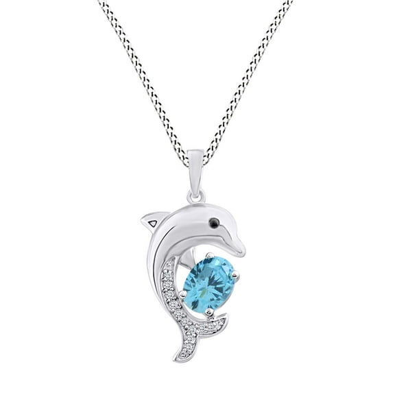AFFY Oval Simulated Aquamarine & White,Black Cubic Zirconia Dolphin Pendant Necklace 14k White Gold Over Sterling Silver 18" Chain