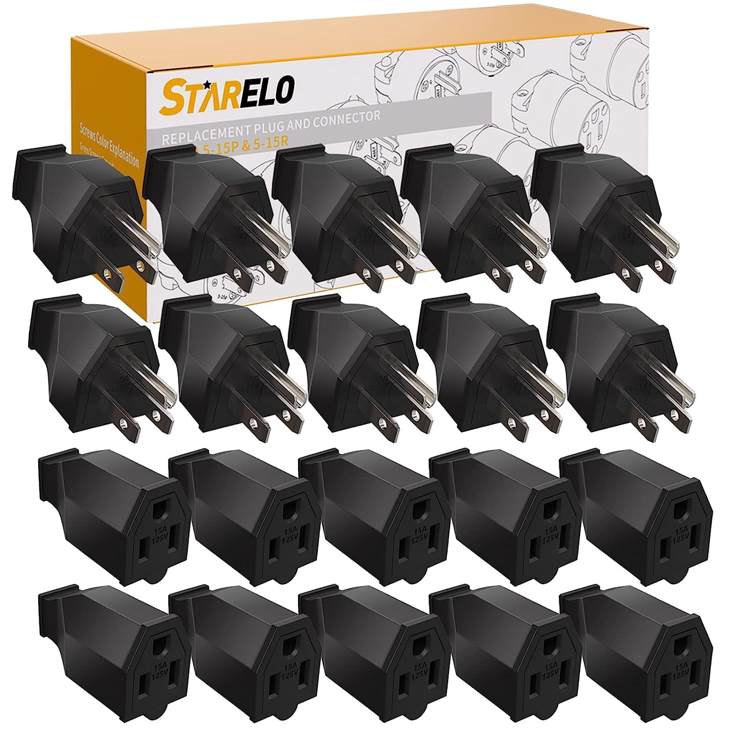 HSHDLDF Extension Cord Ends 125V 15A 2Pole 3Wire Male Plug and Female Connector Straight Blade Plug Replacement Electrical Extension Cord End(Male & Female 10 Set)