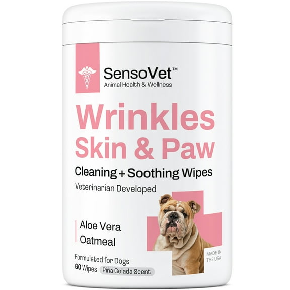 SensoVet Wrinkles, Skin & Paw Wipes Cleaning 3 in 1 Hygienic Grooming for Dogs - Aloe Vera & Oatmeal - Great For English Bulldogs, Frenchies, Pugs - Safe for Sensitive Skin - Pia Colada Scent