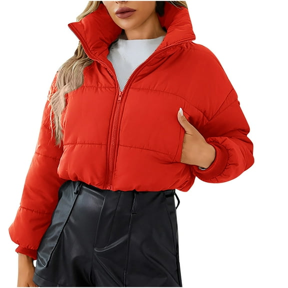 XuJwPNcy Womens Fall Fashion 2023 Women's Winter Cropped Zip Up Puffer Jacket Stand Collar Long Sleeve Short Thick Puffy Winter Bubble Coat Outerwear