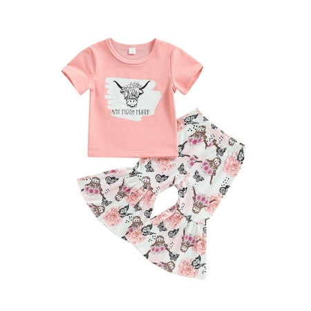 

Canrulo Toddler Baby Girl Western Clothes Kids Short Sleeve Cow Print T-Shirts Tops High Waist Flared Pants 2Pcs Outfits Bow 6-12 Months
