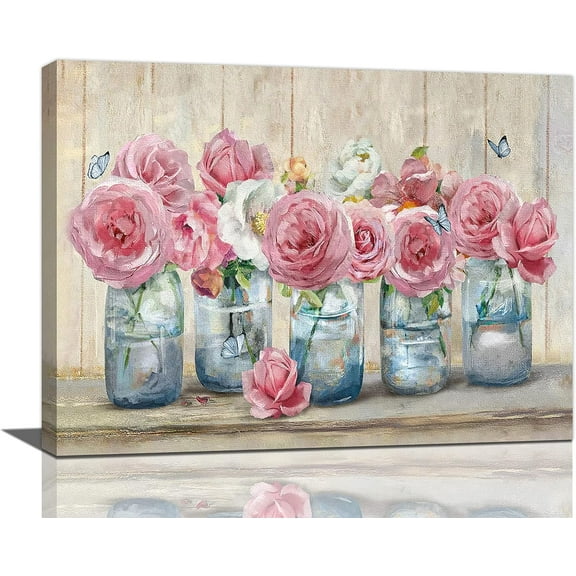 Farmhouse Rose Wall Art Pink Peony Flower Wall Decor Rustic Floral Butterfly Pictures Canvas Prints Framed Modern Artwork Home Decor for Kitchen Bedroom Living Room Bathroom 12"x16"