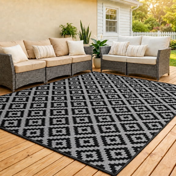 UNTIMATY 6'×9' Outdoor Rug Waterproof Patio Carpet Outdoor Area Rug Large Plastic Straw Mat for RV Camping Porch Deck Balcony, Black and Gray