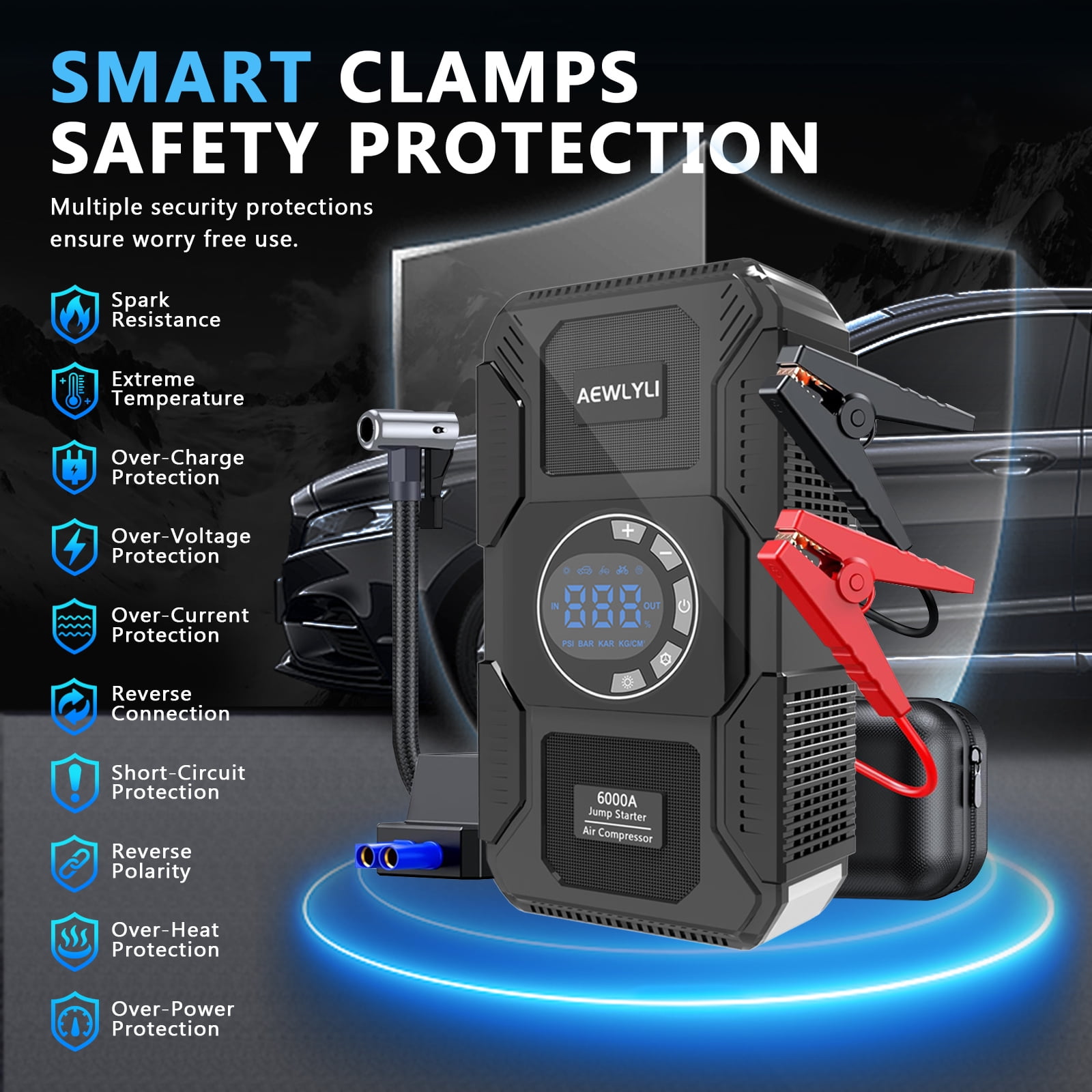 AEWLYLI Portable Car Battery Jump Starter with Air Compressor, 6000A 12V Jump Box, 150PSI Tire Inflator, LCD Display, LED Light, for Up to 9.0L Gas & 8.0L Diesel Vehicles