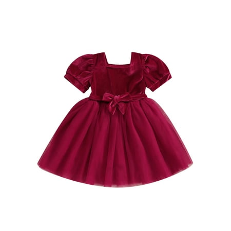 

Toddler Baby Girl Christmas Dress Red/Green Velvet Short Sleeve Dress with Belt New Year Party Princess Dress