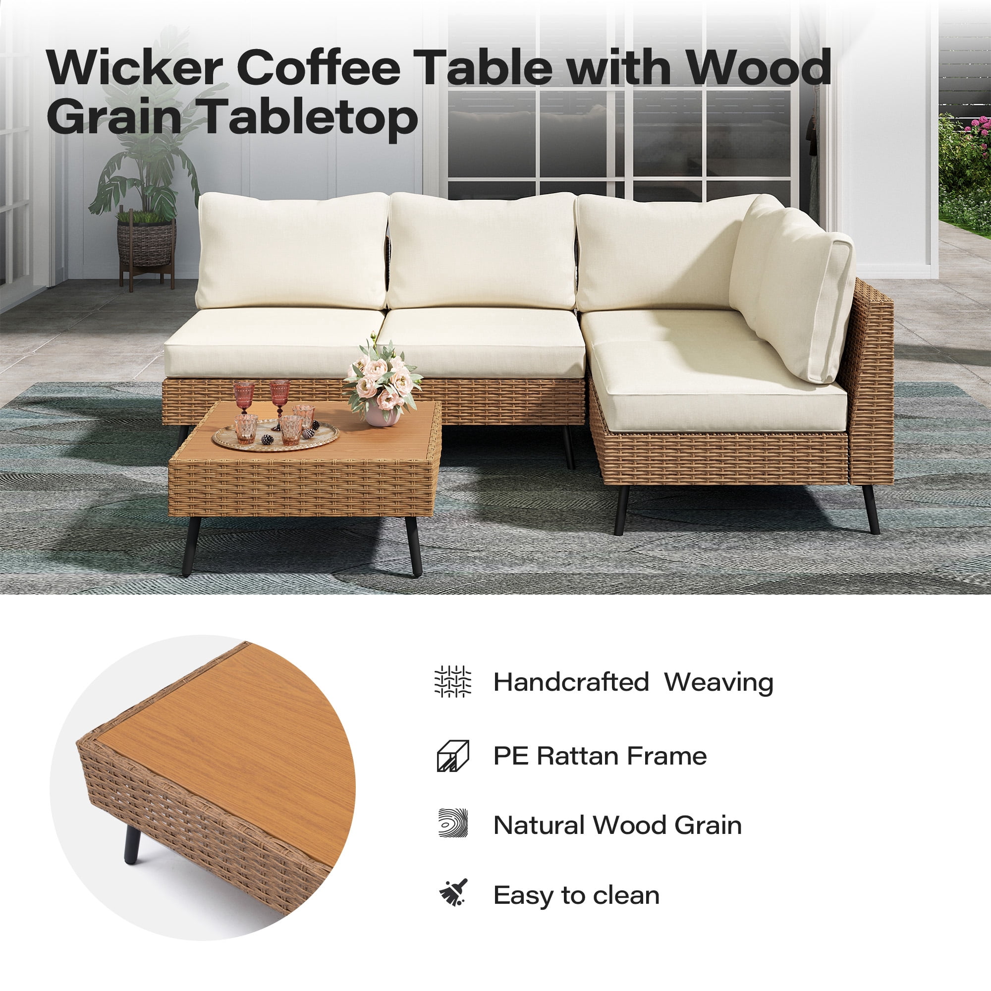KAMEROUT 5 Pieces Outdoor Furniture Set, Patio Rattan Sectional Conversation Set with 4 Chairs and 1 Table, Beige Cushions