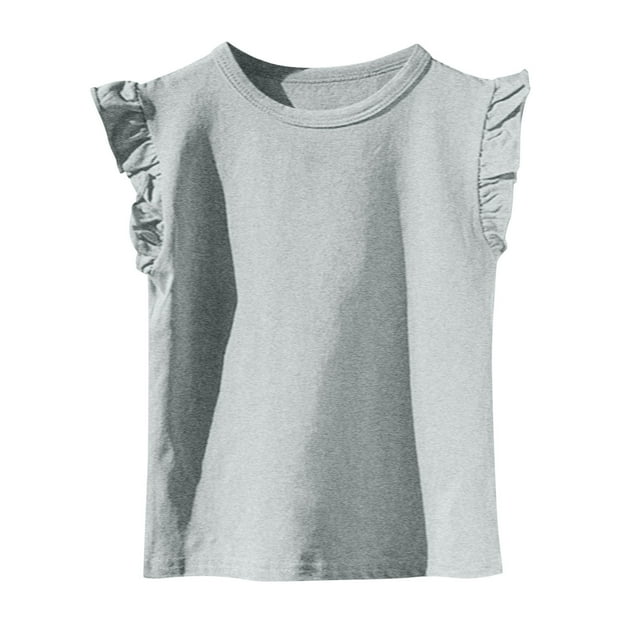 Girls Summer Flutter Sleeve Ruffle Collar Shirts Slim Fit Casual Tank Tops Gray 10-11 Years