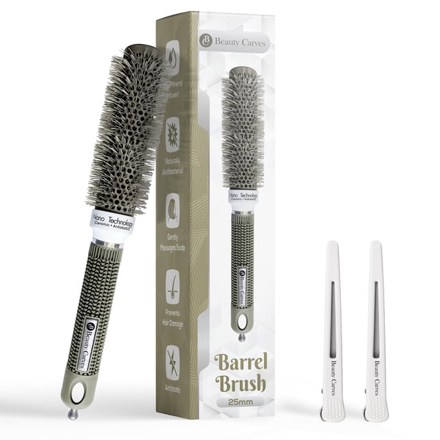 Beauty Carves Cepillo de pelo redondo de 25 mm con 2 clips - Cepillo soplador con 66 cerdas de nailon flexible - Tecnología nano iónica resistente al calor para un estilo de rizado profesional y una t