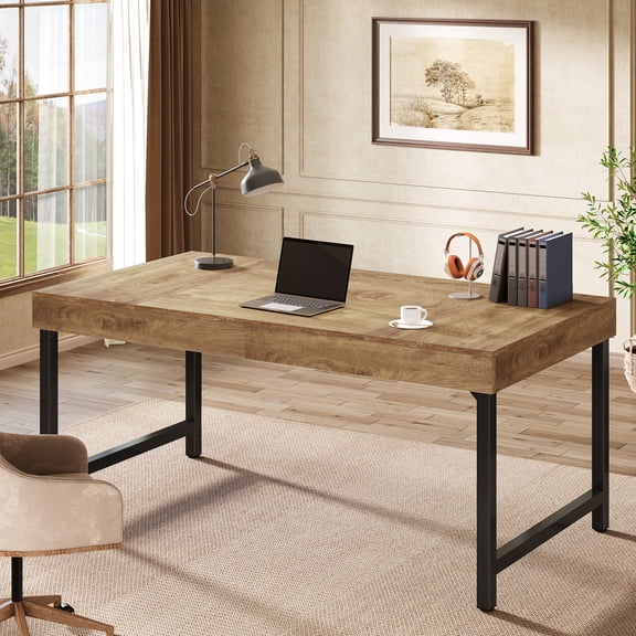 Finmind 55" Rustic Industrial Executive Office Desk, Simple, Strong Metal Framed Writing & Laptop Table, Multi-purpose Home & Business Workstation