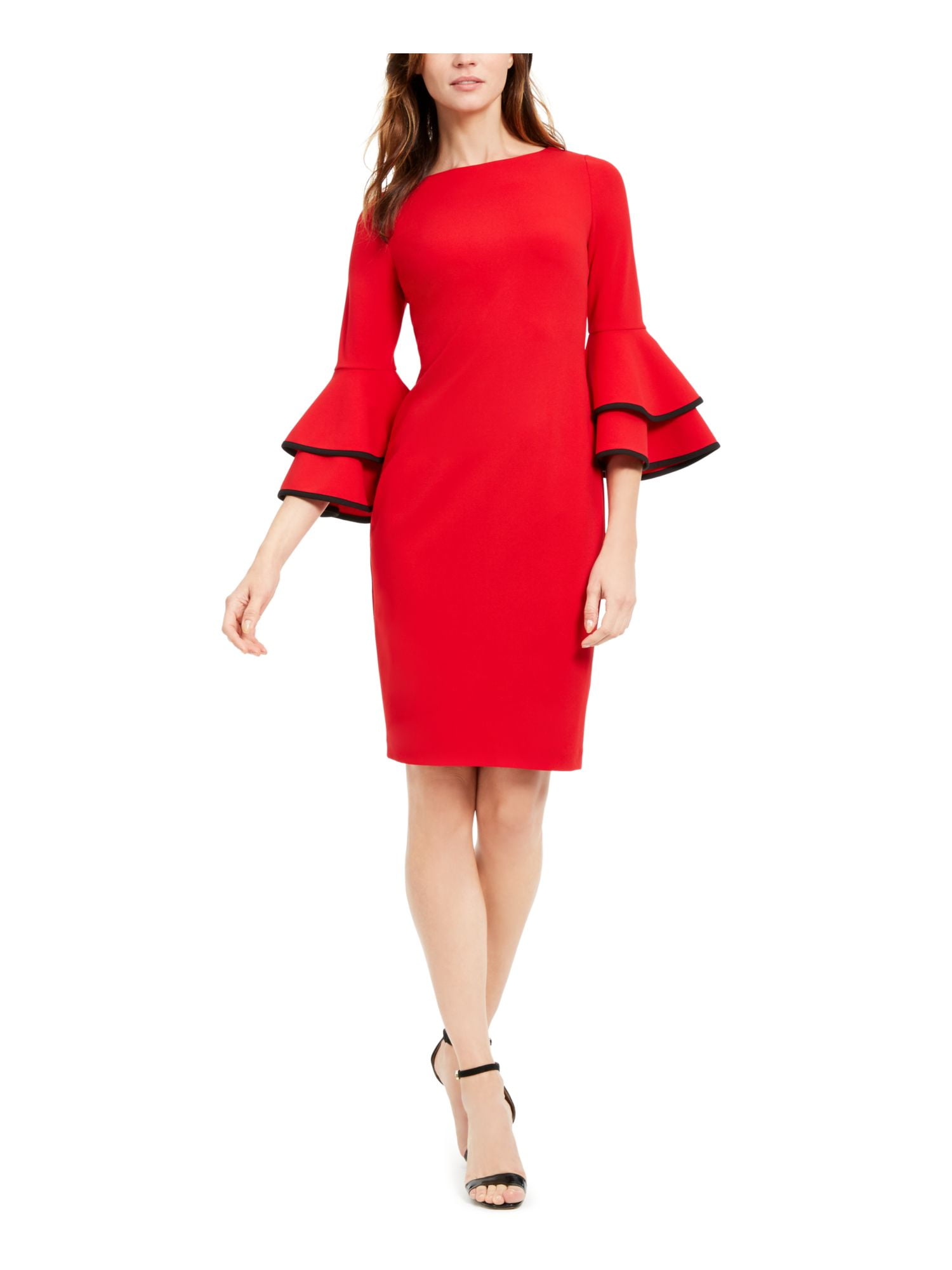 CALVIN KLEIN Womens Red Bell Sleeve Above The Knee Sheath Evening Dress 14  