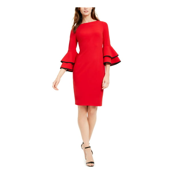 CALVIN KLEIN Womens Red Bell Sleeve Above The Knee Sheath Evening Dress 14  