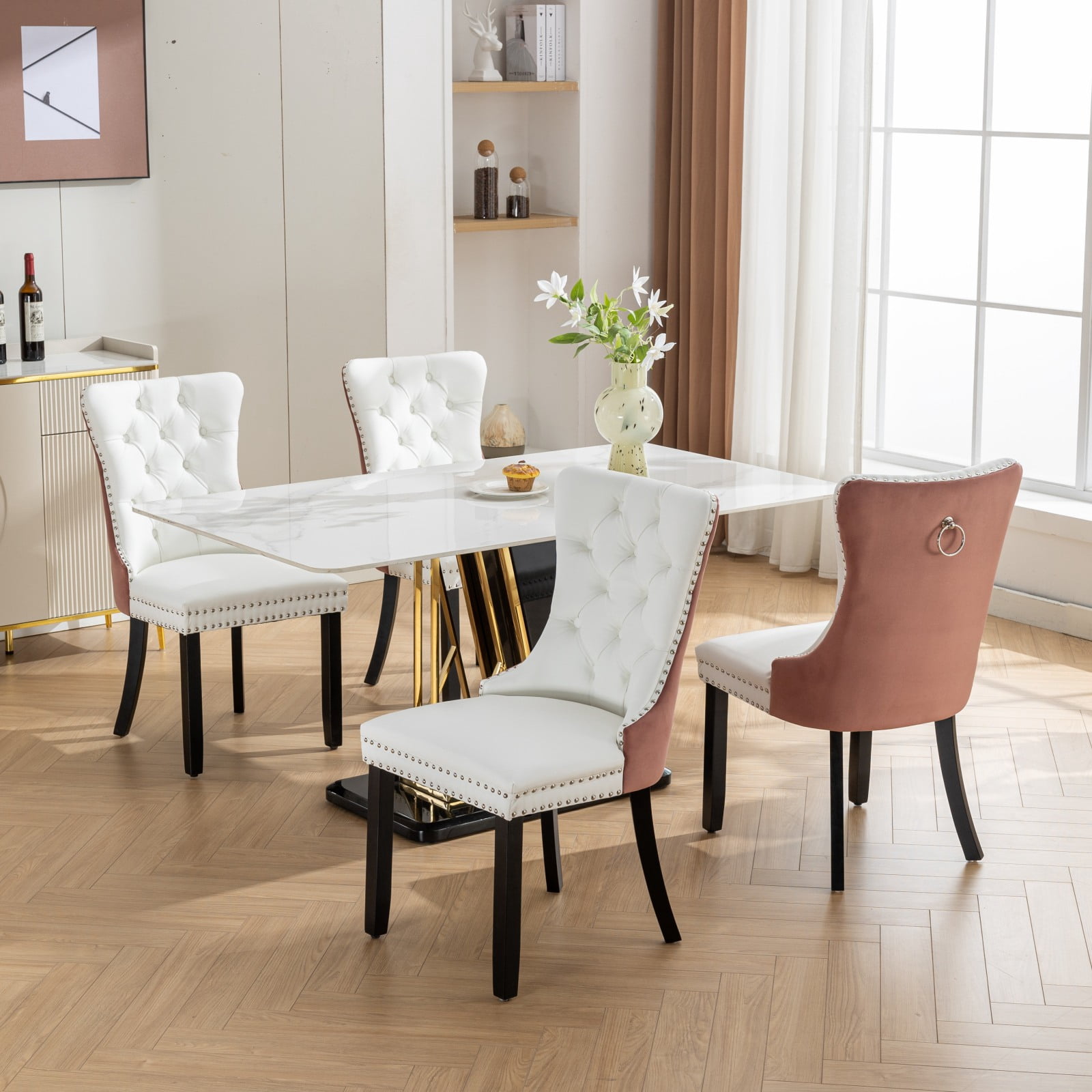 MAYEERTY Modern High-End Tufted Dining Chair - Solid Wood, PU & Velvet Upholstery, Wood Legs, Nailhead Trim, White PU+Pink Velvet, 2-Pcs Set