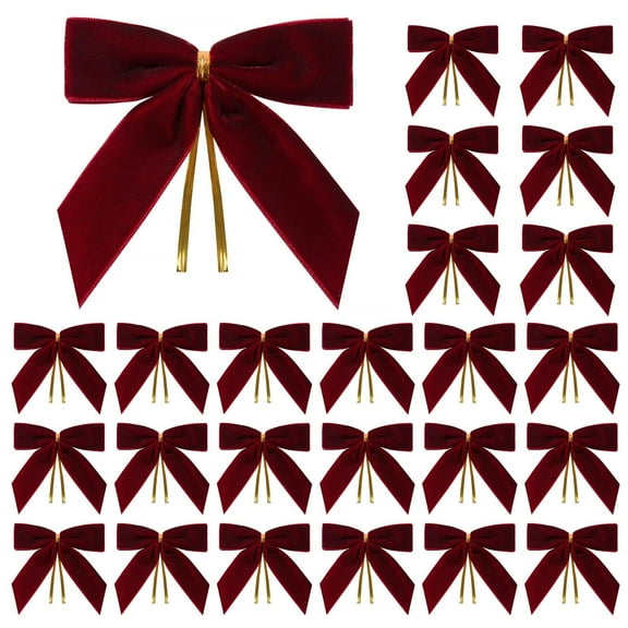 24 Pcs Burgundy Small Velvet Christmas Bows for Christmas Tree, Wreath, Gift Wrapping, Crafts, Wedding, Party, Twist Tie Bows for Treat Bag Bakery Candy Bags, Home Decor