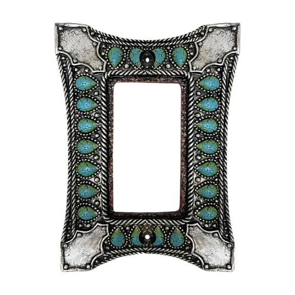 Single Rocker Switch Decorative Wall Plate - 1-Gang Light Switch Cover in Southwest Tooled Leather and Hand-Painted Faux Turquoise Gemstone Design - Soutwestern &  Inspired Home Decor